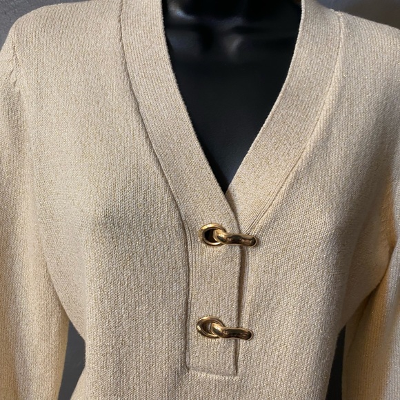 CHARTER CLUB Ivory and Gold Metallic Sweater with gold Hinged Closures - Picture 12 of 16